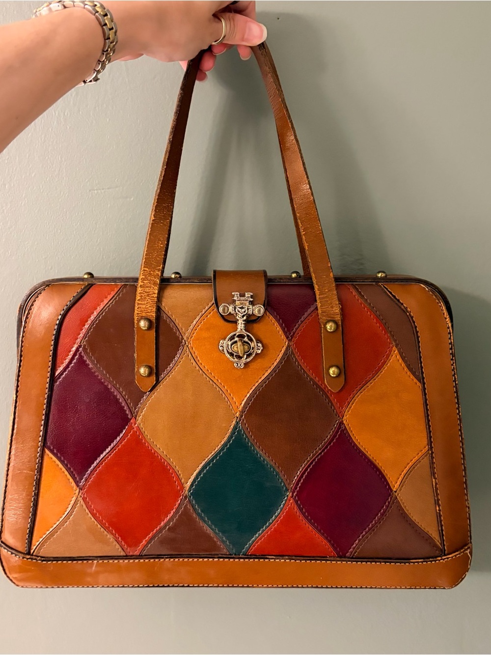 Multi-Color color block Patchwork Leather Tote Bag - Women
